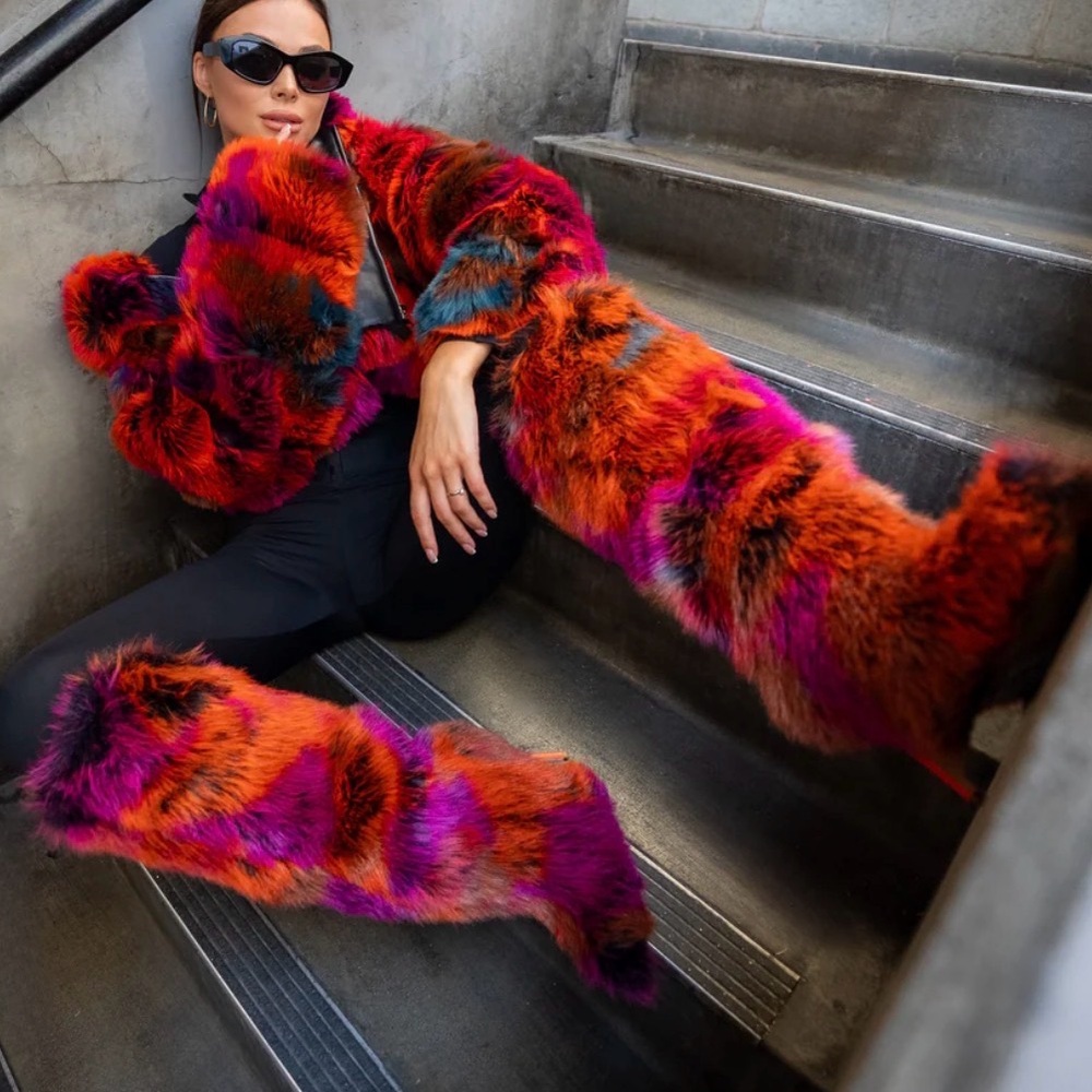 Multicolor Fur Knee-High Women's Boots with matching coat